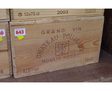 A case of twelve 75cl bottles of Chateau Poujeaux,&nbsp;1986, in owc. (12)PLEASE NOTE: ADDITIONAL VAT ON THE HAMMER PRICE. 