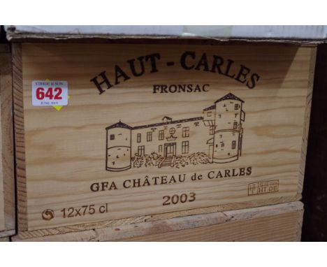 A case of twelve 75cl bottles of Chateau Haut Carles,&nbsp;2003, in owc. (12)PLEASE NOTE: ADDITIONAL VAT ON THE HAMMER PRICE.