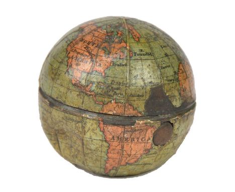 *Globe. Ink well, circa 1930, two inch miniature transfer printed tin globe, hinged lid (broken), with glass inkwell, some de