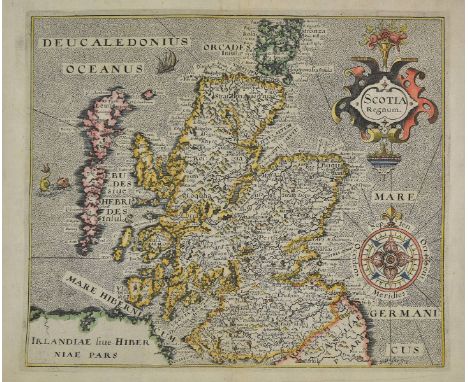 Scotland. Hole (William), Scotia Regnum, circa 1610. hand coloured engraved map, large strapwork cartouche and compass rose, 