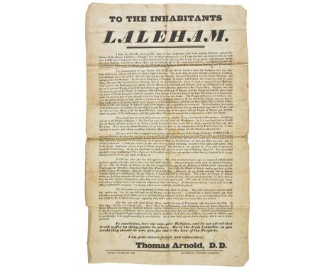 Arnold (Thomas, 1795-1842). To the Inhabitants of Laleham, Rugby, 6 March 1829, printed by R. Wetton, Chertsey, [Surrey],  pr