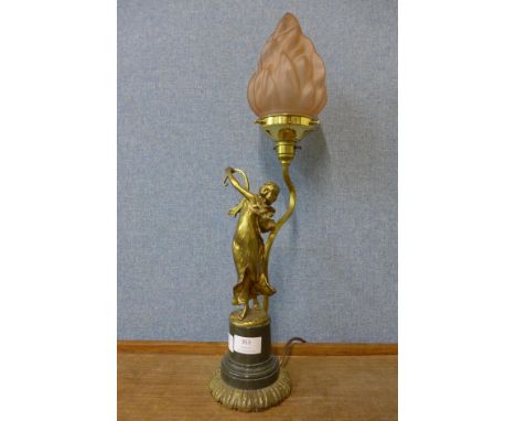 A French Art Nouveau style gilt metal figural table lamp 