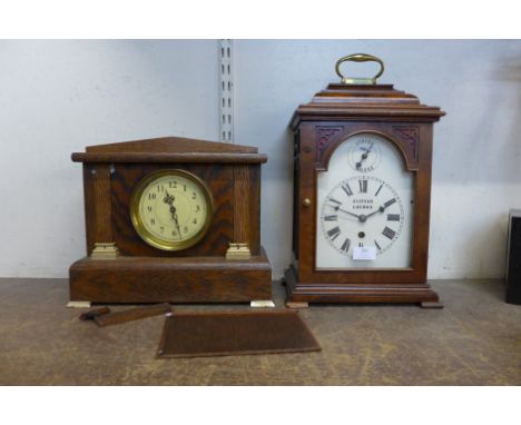 A Kleiser, London burr elm bracket clock and an oak mantel timepiece 