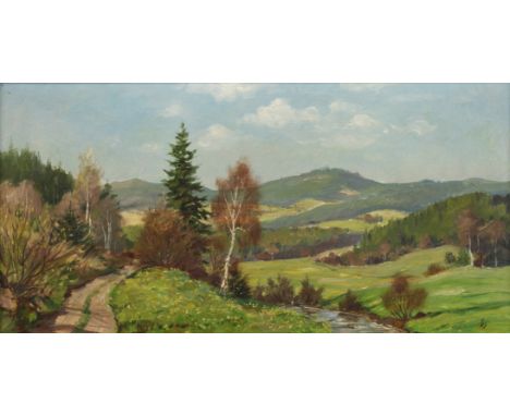 Siegfried Henze, Vogtländische FrühlingslandschaftBlick auf eine vogtländische, hügelige Landschaft mit kleinem Bach und Feld