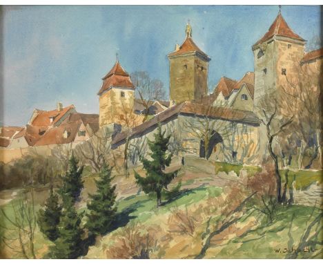 Wilhelm Schacht, Ansicht Rothenburg ob der TauberBlick auf das Kobolzeller Tor mit Stadtmauer und einigen Türmen, Aquarell, u
