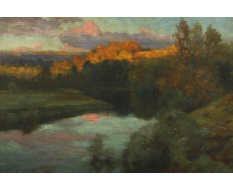Harry Williams Adams, Impressionistische Flusspartieaus locker bewölktem Himmel fällt das warme rote Abendlicht auf das Türki