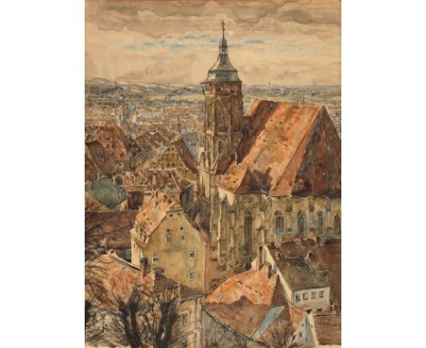 Fritz Beckert, Ansicht Pirnasommerlicher Blick vom Schloss Sonnenstein auf die Altstadt von Pirna mit der markanten Marienkir
