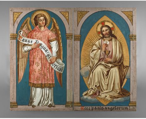 Zwei religiöse Gemäldedabei Engel mit Schriftband, auf welchen die ersten Worte des Hymnus "Pange, lingua, gloriosi [sanguini