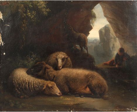 François-Alexandre Poncy, "Schafstudie"Hirte mit seiner Schafherde und Pferd, in einer Grotte in sommerlicher Gebirgslandscha