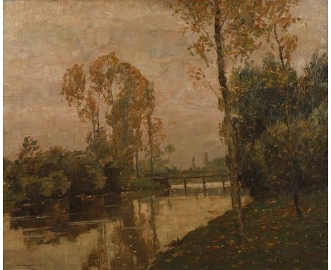 Wilhelm Nagel, Am Kanalsanft dahinfließender und von Bäumen gesäumter Kanal, mit Brücke im Hintergrund, pastose, teils mit br