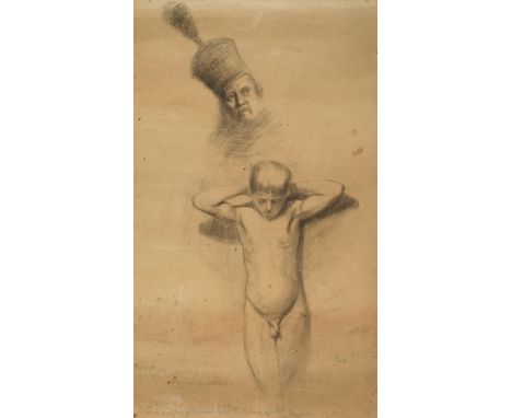 Max Merker, Aktestehender nackter Jüngling und Portrait eines älteren Herren mit Tschako, Kohle auf Papier, Ende 19. Jh., unt