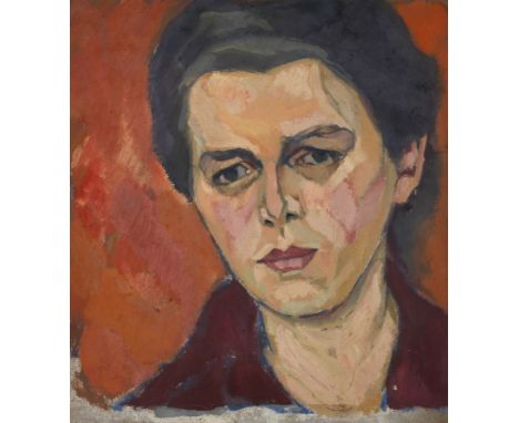 Expressives Damenportrait aus Münchenkonturiertes Portrait einer Dame vor orangem Hintergrund, interessanter, für die Zeit mo