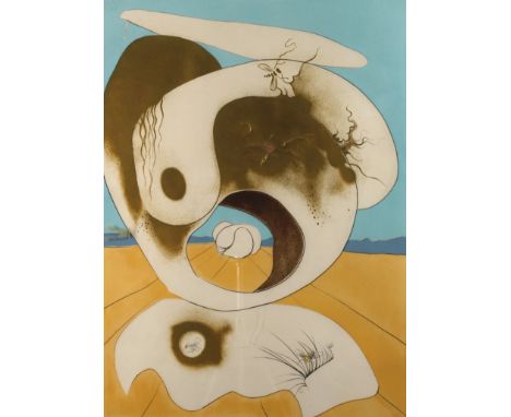 Salvador Dali, "Vision Planétaire et scatologique"Komposition aus organischen, teils durchbrochenen Formen in flacher Landsch