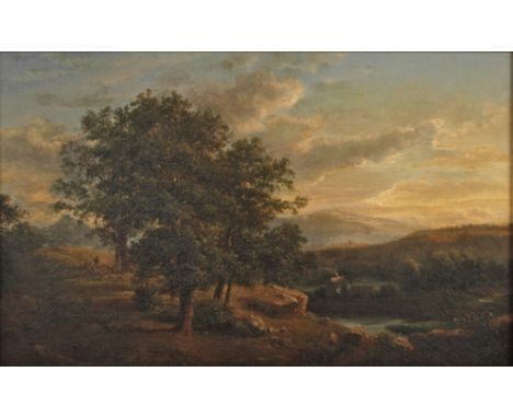 August Weber, Romantische AbendlandschaftBachlauf in hügeliger Landschaft im Licht des ausgehenden Tages, am Ufer zur Rechten