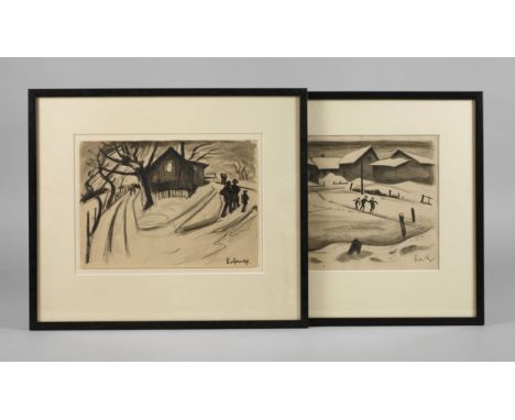 Egon von Kameke, Paar Winterlandschafteneinsames Haus in verschneiter Landschaft mit einigen Personen, kraftvolle, teils lavi