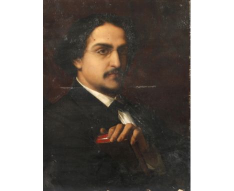 Französisches Herrenbildnis Portrait eines dunkelhaarigen Herrn mit Schnauzbart und schmaler ovaler Brille im Seitenprofil, e