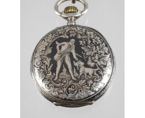 Taschenuhr Niellodeutsch, um 1900, Silbergehäuse gestempelt 800, rückseitig feinst gearbeitetes Motiv in Niellotechnik, Jäger