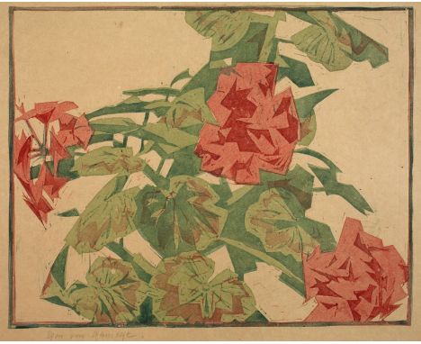Egon von Kameke, Pelargonienteils in kristallinen Strukturen aufgelöste Darstellung von Blüten und Blättern, Farbholzschnitt,