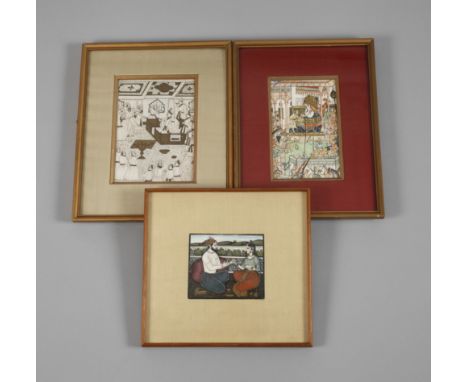 Drei indo-persische Miniaturmalereien1. Hälfte 20. Jh., unsigniert, Mischtechnik bzw. Gouache auf Platte, teils goldbronziert