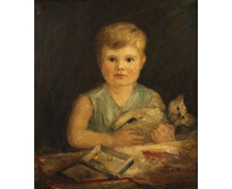 Otto Pippel, Mädchenportrait "Gisela"Bildnis eines zweijährigen Mädchens, einen Teddybär im Arm haltend, vor dunklem Grund, v