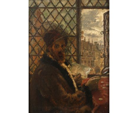 Carl Kricheldorf, Der Münzhändlerälterer Mann in Renaissancetracht am Fenster, bei der Betrachtung von Münzen, gering pastose