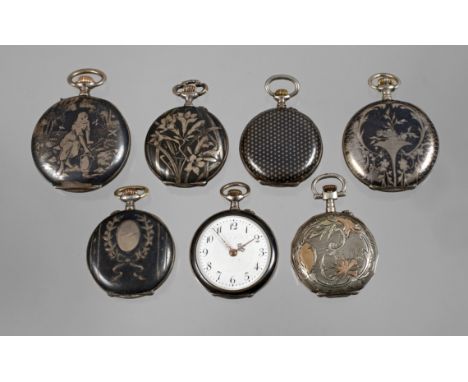 Sammlung Niello-Damenhängeuhrenum 1880-1910, der Marken Longines mit figürlichem Motiv (Werk defekt), Zenith (Werk läuft) sow