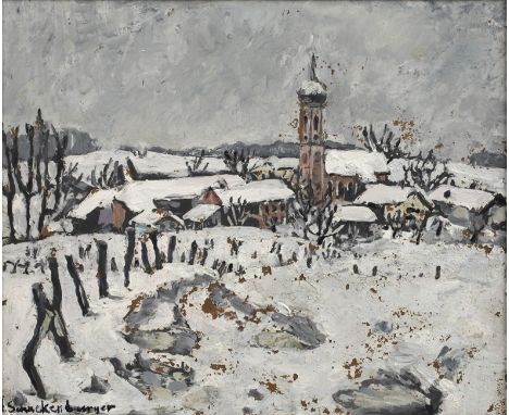 Alfred Franz Schneckenburger, Dorf in Oberbayernwinterlicher Blick über tief verschneite Weiden zum Dorf mit markantem Kircht