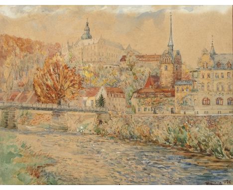 Richard Thiele, Ansicht Gera-Untermhausherbstlicher Blick über die "Weiße Elster" auf die Marienkirche im Geraer Ortsteil Unt