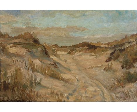 Otto Müller-Hartau, »Dünenweg auf Borkum/Nordsee«sanft bewegte Sanddünen unter strahlend blauem Sommerhimmel, pastose Landsch