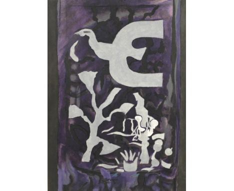 Georges Braque, Vogel in nächtlicher Landschaftsilhouettierter Vogel und Vegetation vor nächtlichem Himmel, Farblithographie 