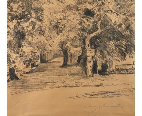 Lovis Corinth, "Obstgarten"parkähnlich gestaltetes Gelände mit alten Bäumen und im Vordergrund ein Früchte tragender Apfelbau