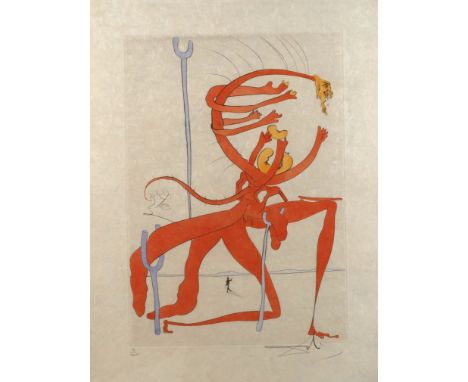 Salvador Dali, "Figure rouge avec portrait de..."organische, von Stäben gestützte Figur in flacher Landschaft vor Bergkette, 