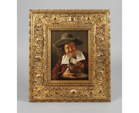 Ernst Stierhof, Herr mit Mütze und Tonkrugmit feinem Pinselstrich ausgeführtes antikisierendes Portrait eines lachenden Herrn
