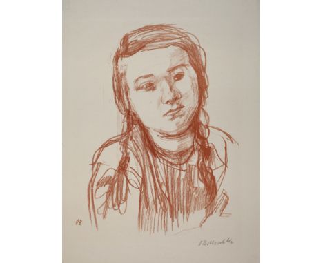 Oskar Kokoschka, "Trudl"Portrait eines nachdenklich blickenden Mädchens mit Zöpfen, Werksverzeichnis Wingler/Welz 171, hier s