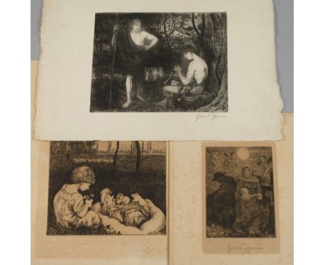 Hans Thoma, Konvolut Radierungendrei Blatt, "Apoll und Marsiyas", 1915; "Die heilige Familie", 1920 und "Idylle II", 1904, Ra