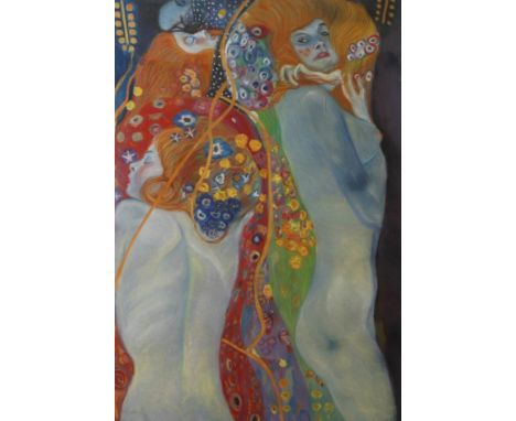 Hommage an Gustav Klimtmehrere ineinander verwobene Frauen und Blumen, vor dunklem Grund, Mischtechnik und Goldbronze, um 200