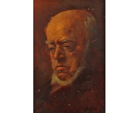 Schmidt-Pauli, Portrait des Adolf von MenzelBildnis des berühmten Malers im Seitenprofil, vor erdfarbenem-rötlichem Hintergru
