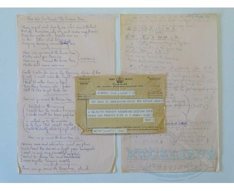 A selection of handwritten lyrics by Roy Wood for 'Here We Go Round The Lemon Tree', and 'Missed On A Monday Morning', togeth