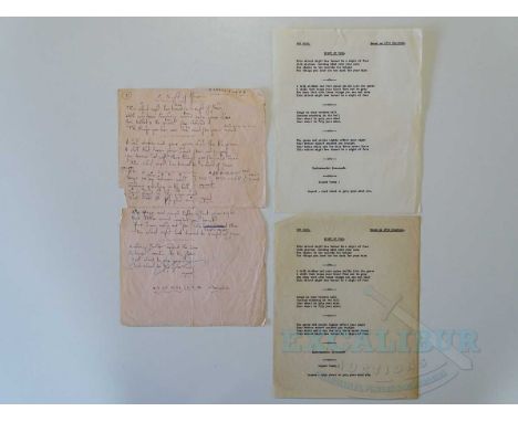 Two copies of the lyrics for The Move song '(A) Night Of Fear' written by Roy Wood, one handwritten and one typed - Provenanc
