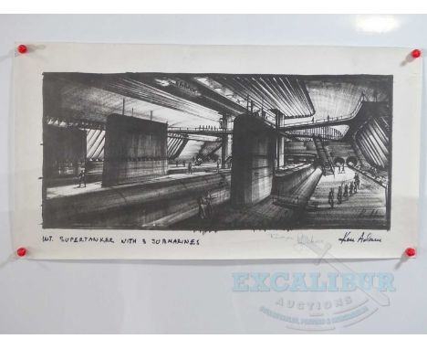 A print of an original KEN ADAM set design sketch for JAMES BOND: THE SPY WHO LOVED ME (1977) 'Supertanker with 3 submarines'