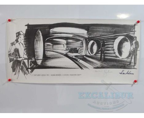 A print of an original KEN ADAM set design sketch for JAMES BOND: THE SPY WHO LOVED ME(1977) 'Supertanker linear induction cr