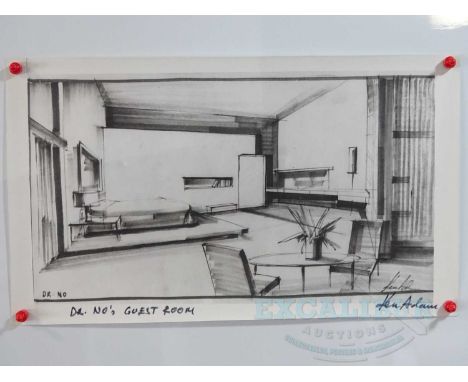 A print of an original KEN ADAM set design sketch for JAMES BOND: DR NO (1962) 'Dr No's Guest Room' - 46cm x 23cm - printed o