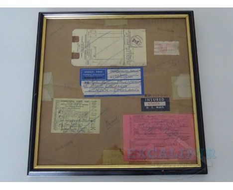 Photo frame containing postal documents sent to The Beatles at Abbey Road Studios by Mark Ross a friend of the Manson family 