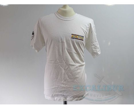 A group of three crew clothing items comprising THE MUMMY RETURNS (2000) white short sleeved 'Stunt Crew' L t-shirt ; PIRATES