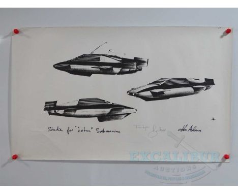 A print of an original KEN ADAM set design sketch for JAMES BOND: THE SPY WHO LOVED ME (1977) 'Study for 'Lotus' submarine' -