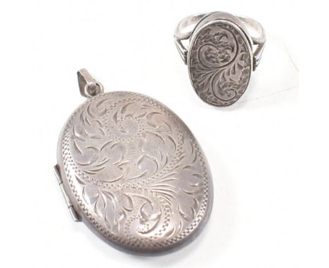 A hallmarked silver locket pendant and silver locket ring. The locket hallmarked Birmingham. The ring marked silver. Weight 1