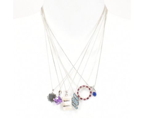 Six 925 silver and gem set pendant necklaces. The necklaces to include topaz, garnet, CZ and mother of pearl. All six necklac