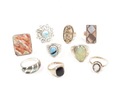 A collection of 925 silver and gem set rings.&nbsp;The rings to include mother of pearl, abalone, onyx, cameo and a gem set f