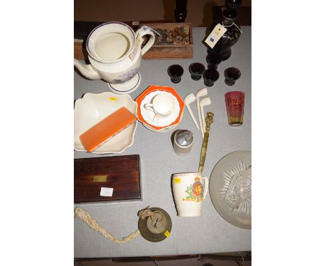 A Venetian ruby tinted five-piece liqueur set; a box of chess pieces; a transfer decorated teapot (without lid); miscellaneou