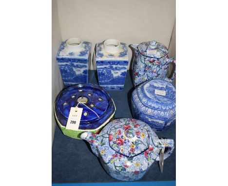 A Maling blue Chintz pattern teapot and matching water jug; two Maling Willow pattern tea caddies (without covers); a Maling 